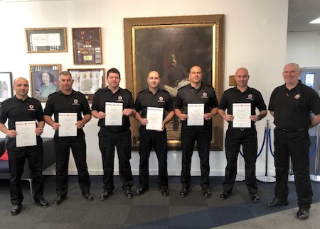 From left to right – Station Officers Edgar Ramirez, Jason Mesilio & George Buns, Sub Officers Nicholas Poggio, Divisional Officer Matthew Payas and course Instructor Keith Bell