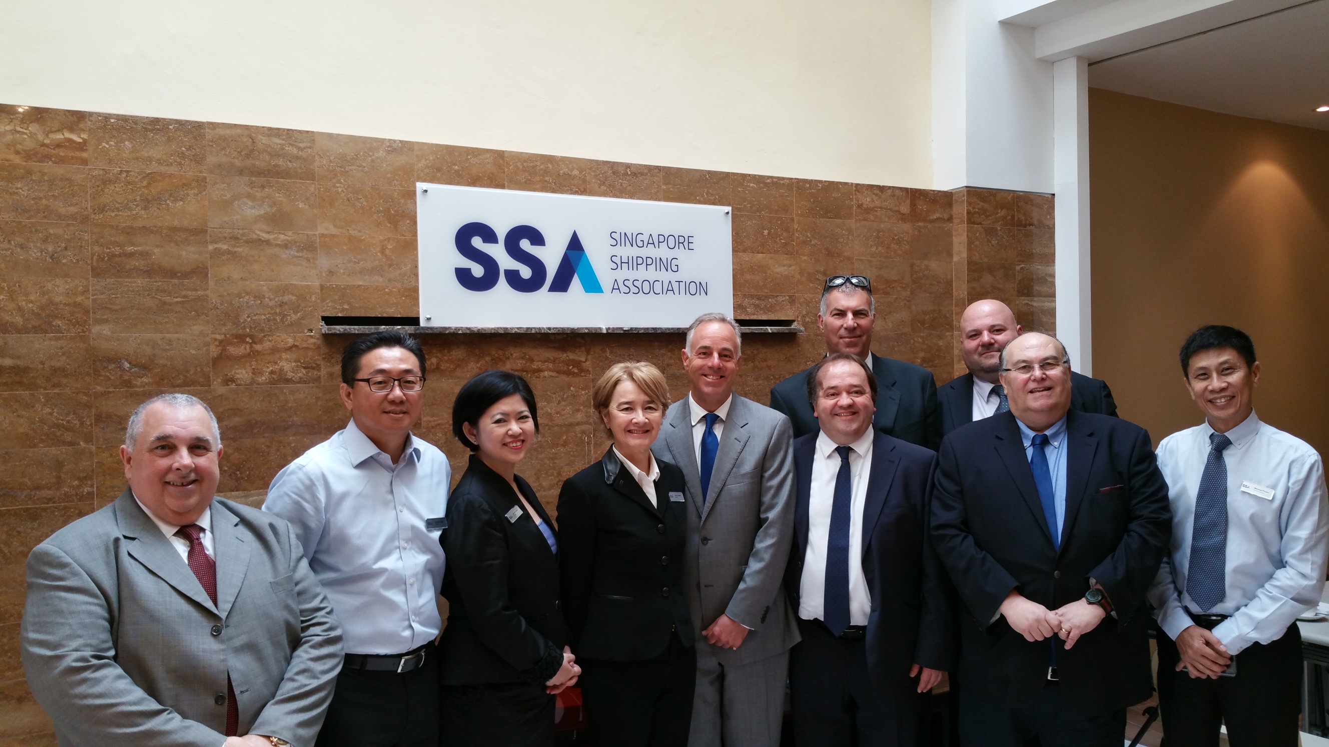 Council members of the Singapore Shipping Association with Gibraltar’s Port Operators; First on left – George Dyke; Fifth from left – Commodore Bob Sanguinetti; Back, second from right – Danny Gabay; Back, first from right – Karl Alecio; Front, third from right – Tyrone Payas; Front, second from right – Freddie Pitto