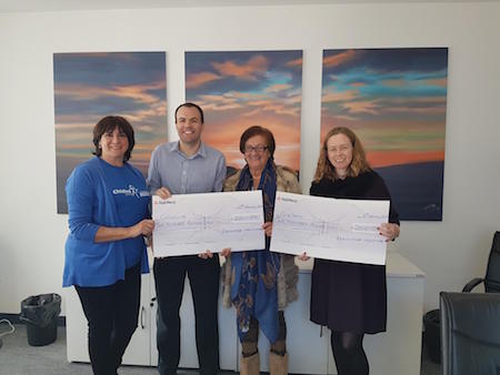 Left to right: Marie Davitt (ChildLine), COO Steve Mumford, MarieLou Guerrero and Brenda Cuby (GibSams)